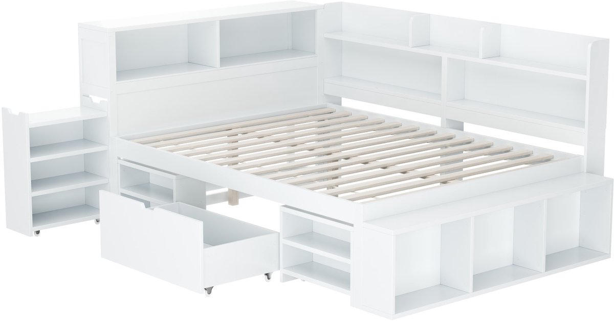 COVREO Kinderbed met lades – 140x190 cm – Bedframe met lattenbodem en vakken – slaapmeubel voor kinderkamer – Wit - zonder matras