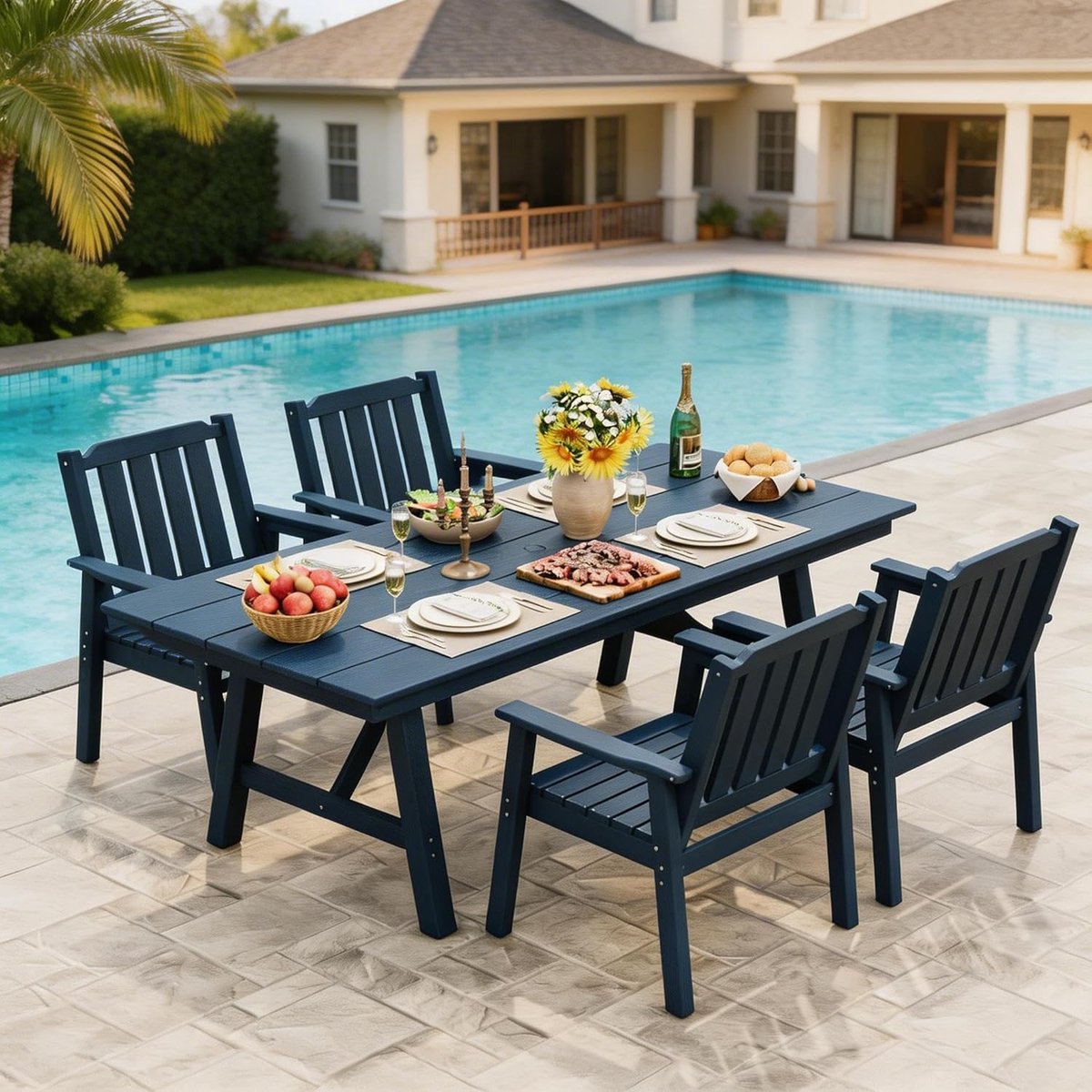 Set van 4 robuuste HDPE tuinstoelen Bruin, 61cm breed met lattenzitting, maximaal draagvermogen 295 kg, weerbestendig modern tuinmeubilair geschikt voor tuin, terras en zwembad