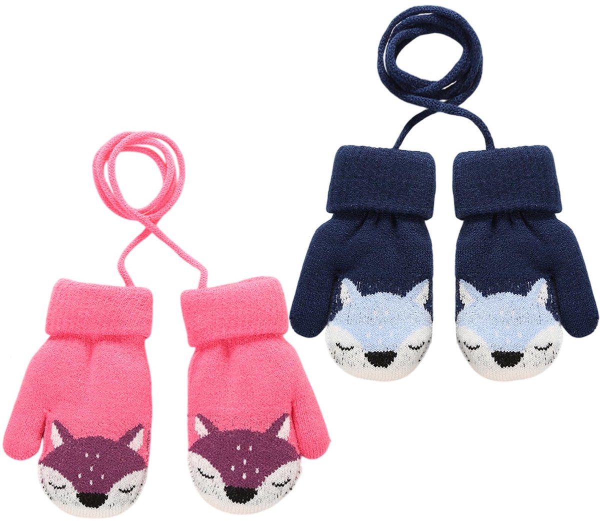 Dailygoods- Winterwanten 2 Paar - Gebreid - Fleece Gevoerd - Schattige Vossen - Voor Babyjongens/Meisjes - Hangend aan de Hals - Babyhandschoenen