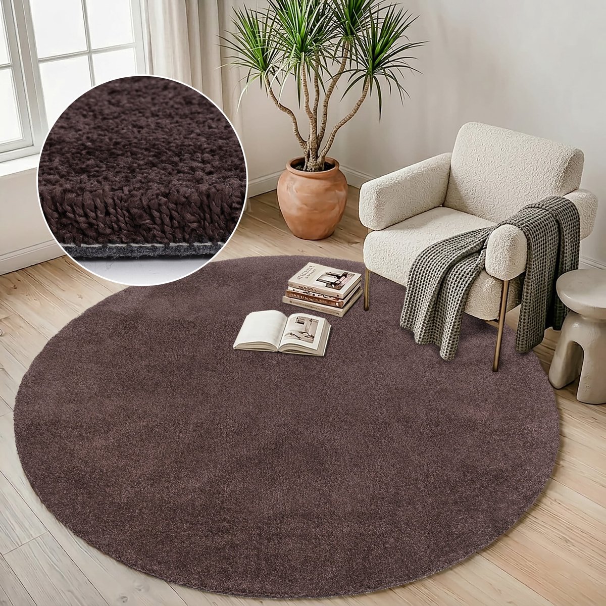 Muratap Comfy Premium - Rond Luxe Effen Vloerkleed Wasbaar Uni Bruin- 240 CM Ø