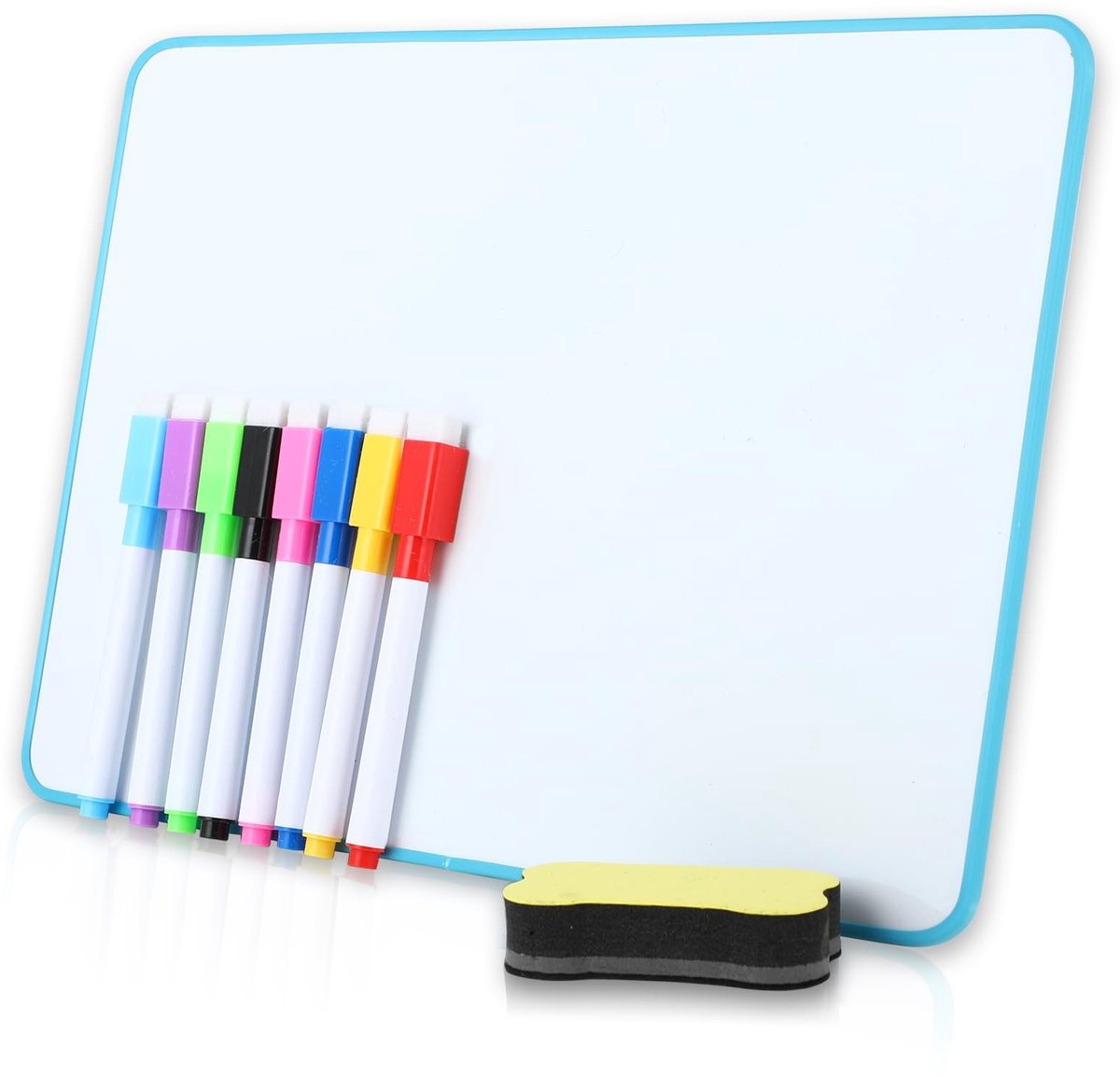 Dailygoods- Whiteboard Klein - Dubbelzijdig Magnetisch - 8 Whiteboard Stiften - Wisser - Antislip Standaard - Compact Formaat 32 x 23 cm - Whiteboard Set