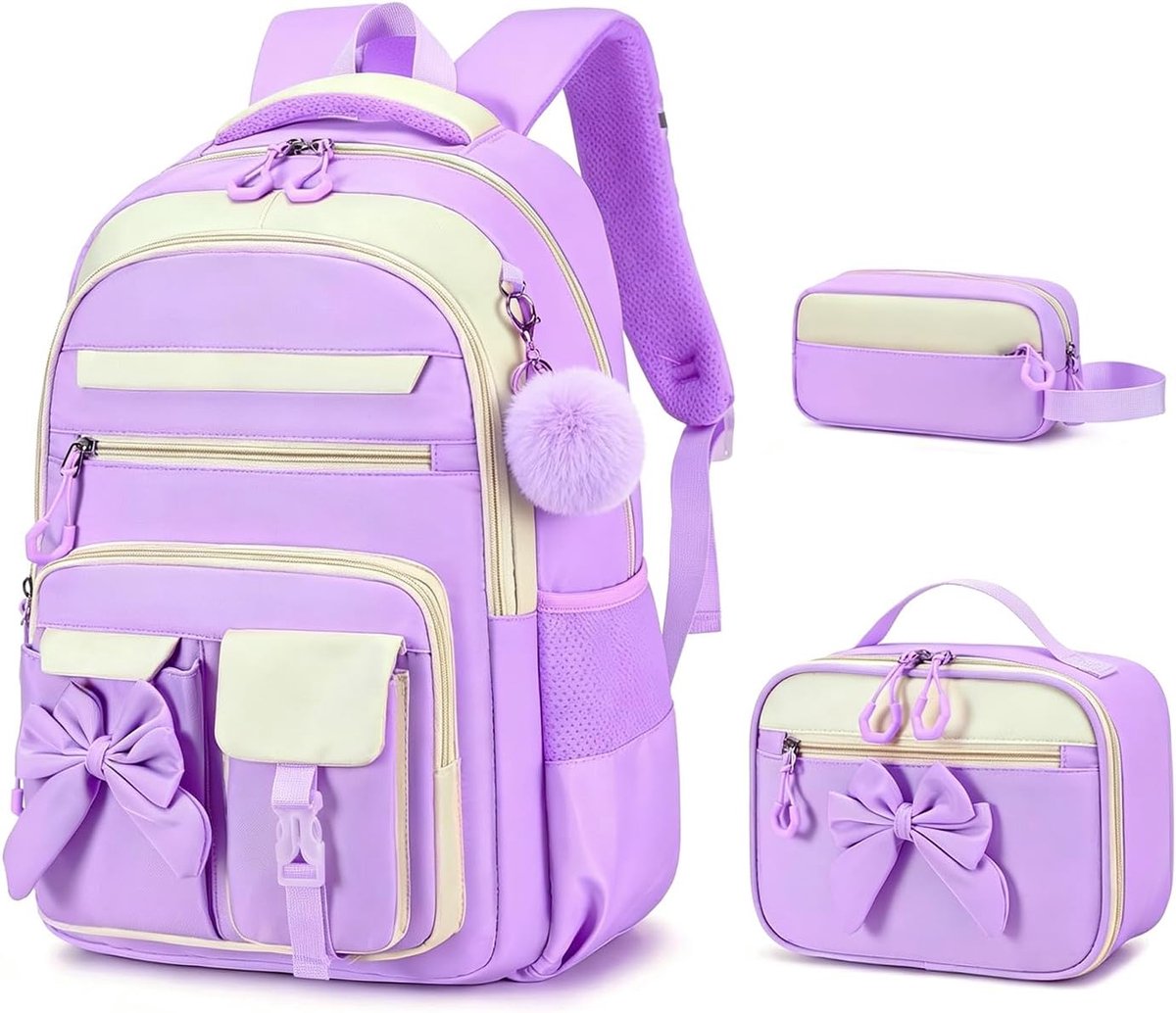 Meisjes rugzakset - waterbestendig - ruime opbergvakken - voor basisschool en reizen - 3-delige schooltas - voor meisjes - paars - 3-delige set