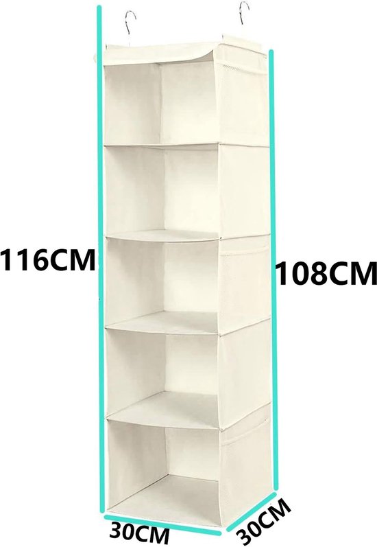 2 Stuks Kleding Organizer Hangend - Garderobe Organizer met 5 Vakken en Zijvakken - Opvouwbare Hangende Opberger voor Kleding, Schoenen en Accessoires - Beige — afbeelding 5