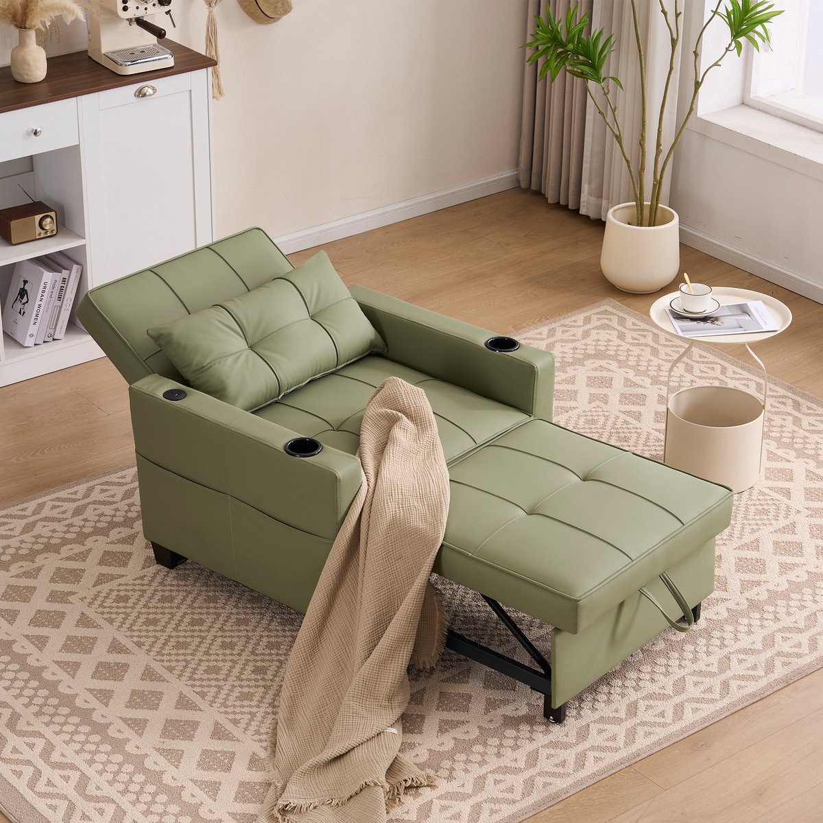 HAUSS SPOLE Slaapbank 1-Zits – Uitklapbaar 3-In-1 Design Met Bekerhouders En USB-Aansluiting – Voor Kleine Ruimtes – Hout En Metaal – Avocado Groen