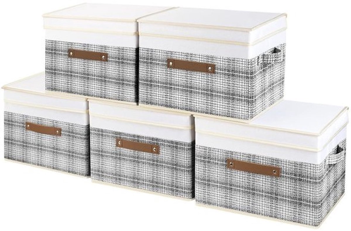 Opbergdoos met Deksel - Opvouwbaar - Set van 5 - Hoogwaardig Polyester - 38x25x25 cm - Patchwork Patroon - Duurzaam - Opbergbak