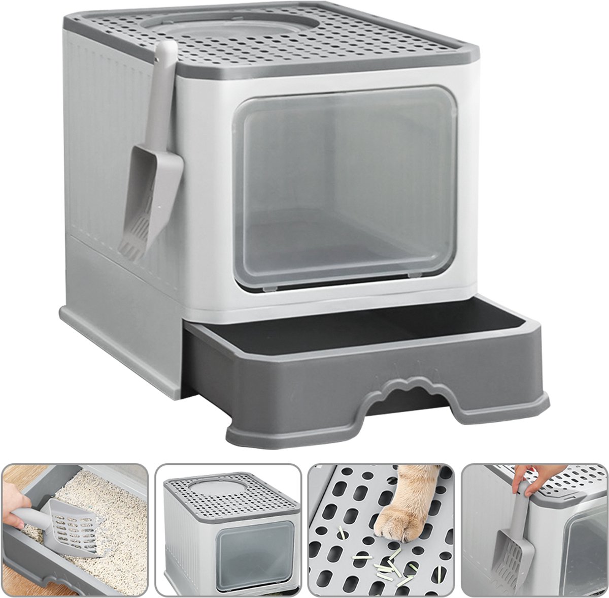 PIPIPOXER Kattenbak met lade -Kattentoilet - Opvouwbare Gesloten Kattenbak met Lade - 2 in 1 Open Kattenbak met Afneembare Deksel - Incl. Kattenbakschep met Houder -37x50x38cm - grijs