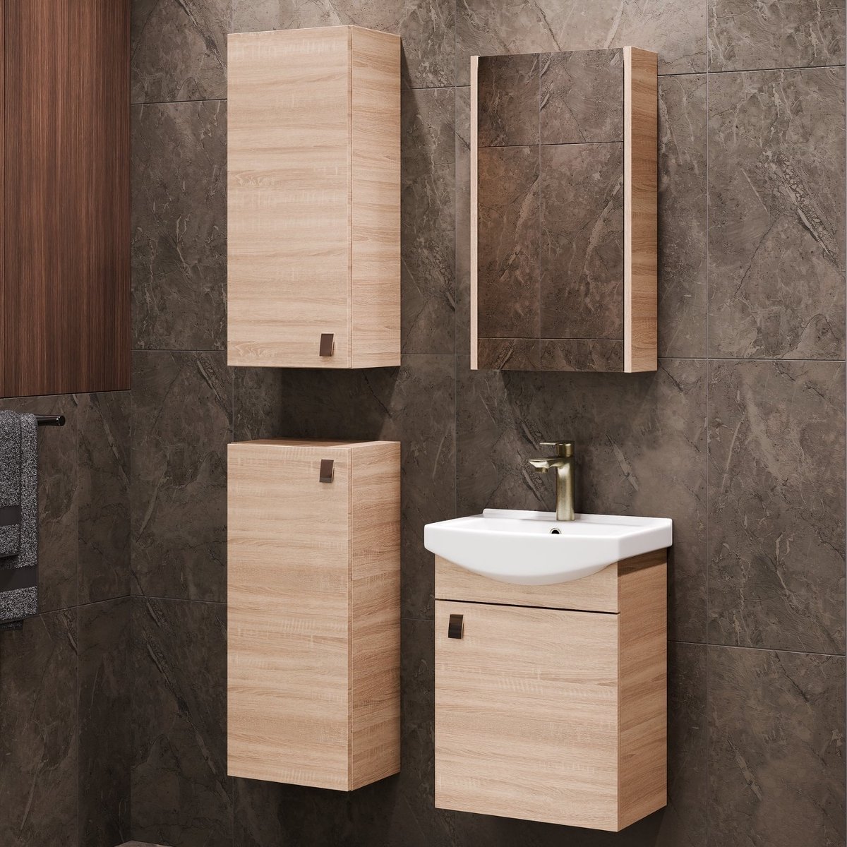 Planetmöbel Badkamermeubel Set 45 cm – Sonoma Eiken – Keramische Wastafel met Spiegelkast en 2 Midikasten 32 cm – Soft-Close