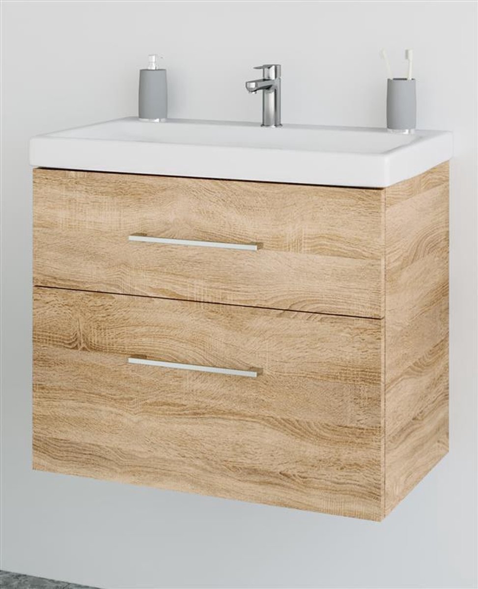 Planetmöbel Badkamermeubel Set 63 cm – Sonoma Eiken – Wastafelonderkast met Keramische Wastafel – 2 Lades – Soft-Close – Wandhangend