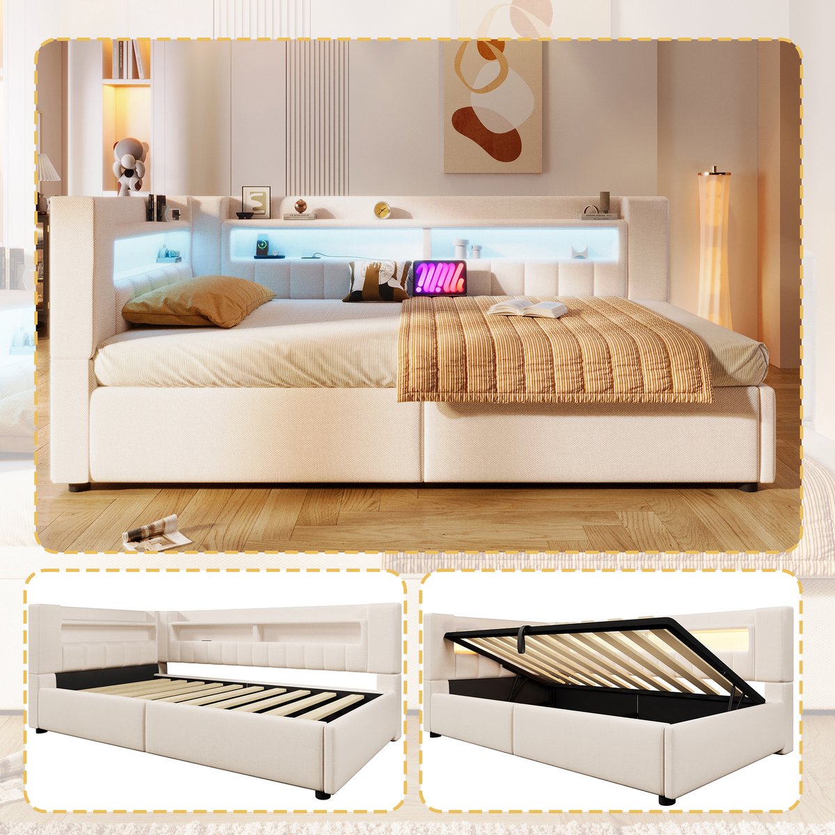 Dagbed 90x200 cm - Met LED-Verlichting - Met Opbergruimte - Met USB-Oplaadpunt - Beige