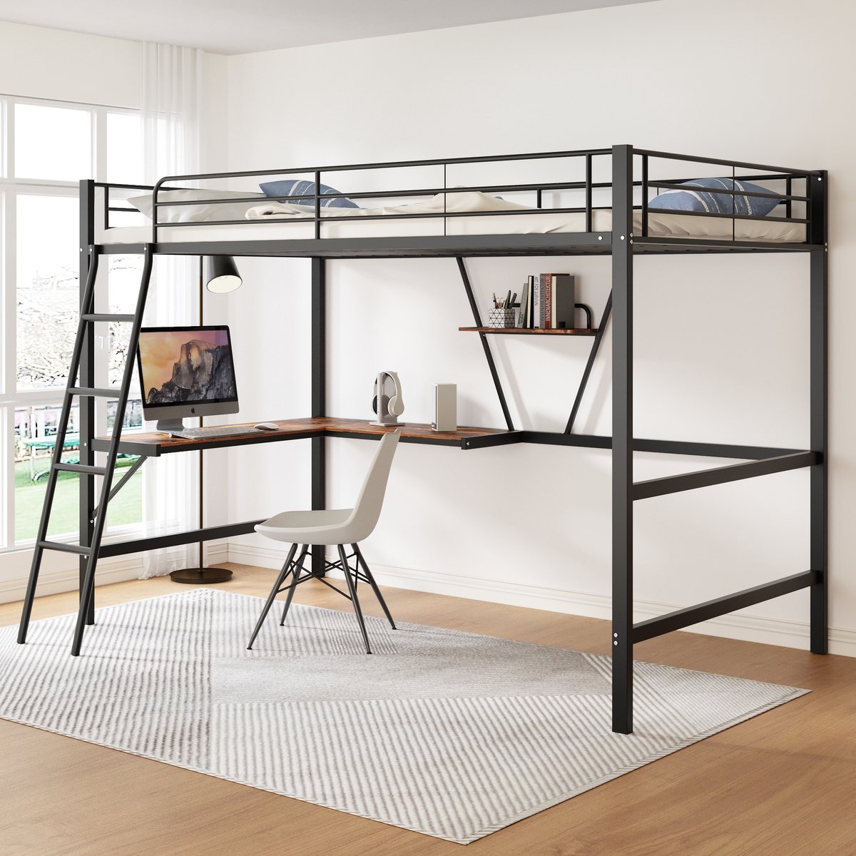 Hoogslaper 90x200 cm - Met L-vormig Bureau en Opbergrek - Metalen Bedframe - Veiligheidshekje en Vaste Ladder - Ruimtebesparend Bed Voor Kinderen, Tieners en Volwassenen - Zwart