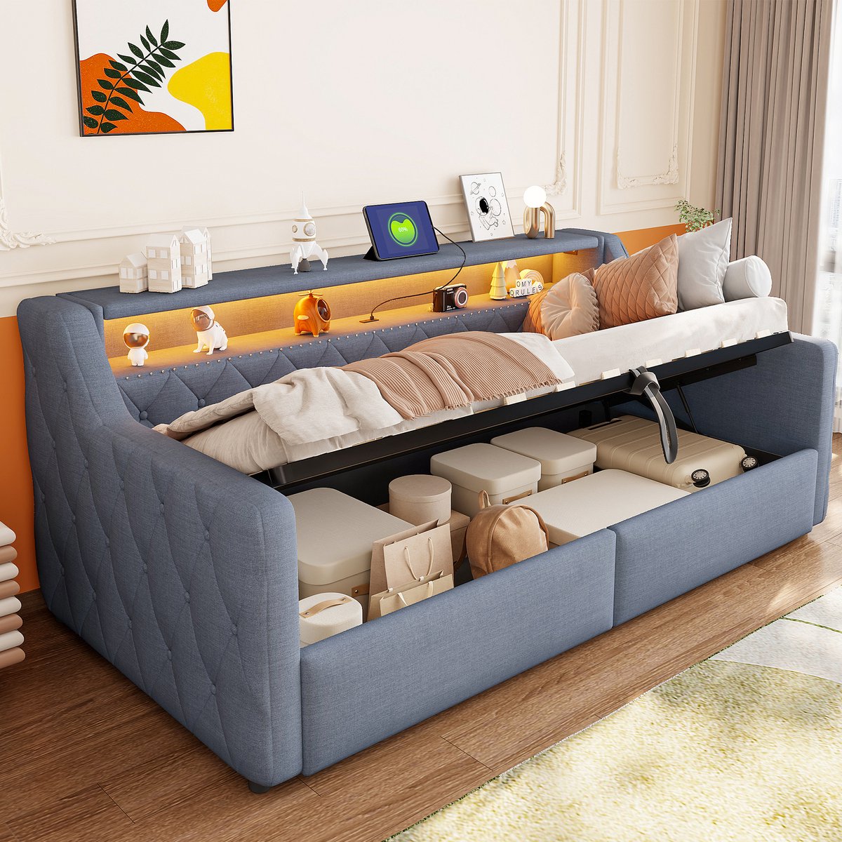 Dagbed 90x200 cm - Met LED-Verlichting - Met Opbergruimte - Met USB-Oplaadpunt - Grijs