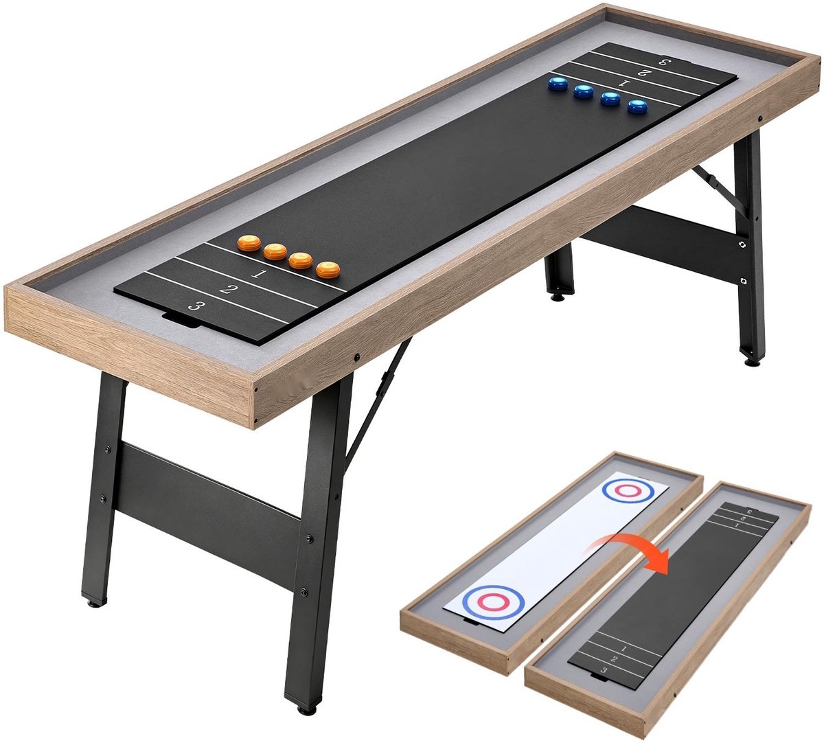Shuffleboardtafel - Tafelcurlingspel 2-in-1 - 2,1 m - Inclusief 8 pucks - Glad speeloppervlak - Inklapbare poten - Draagbaar