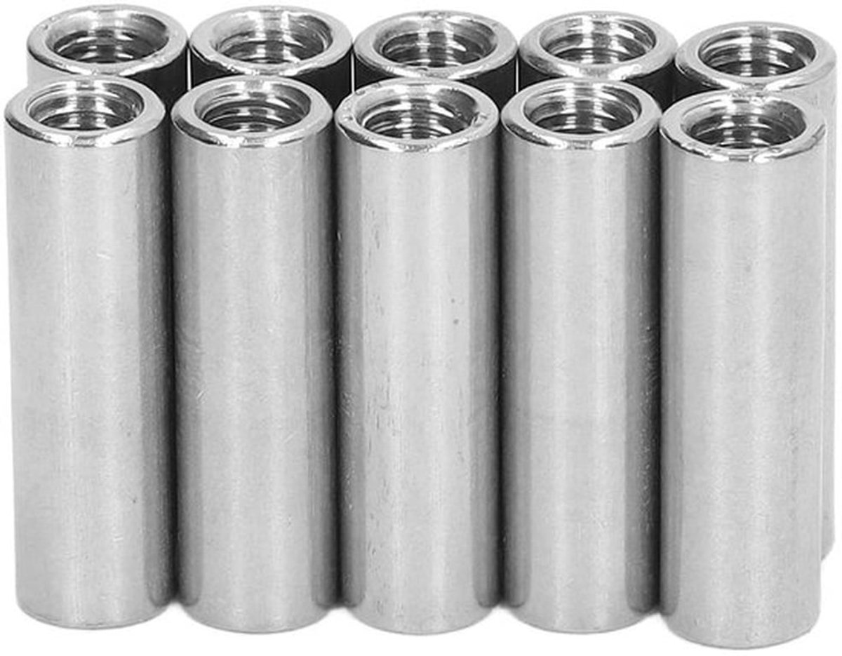 Koppelmoer M8 X 1.25 - 10 Stuks - Volledig Schroefdraad - Roestvrij Staal - 40 mm Lengte - Duurzaam en Stevig - Moer