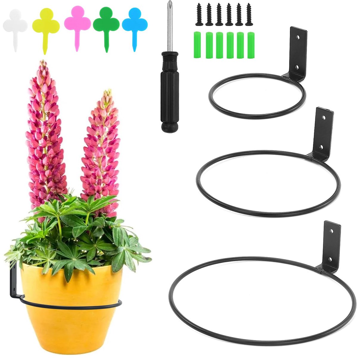 Famanu – Wandhouder voor bloempotten set van 3 stuks, metalen plantenhouder in zwart, geschikt voor huis, tuin en balkon, perfect voor het decoreren met prachtige planten en bloemen