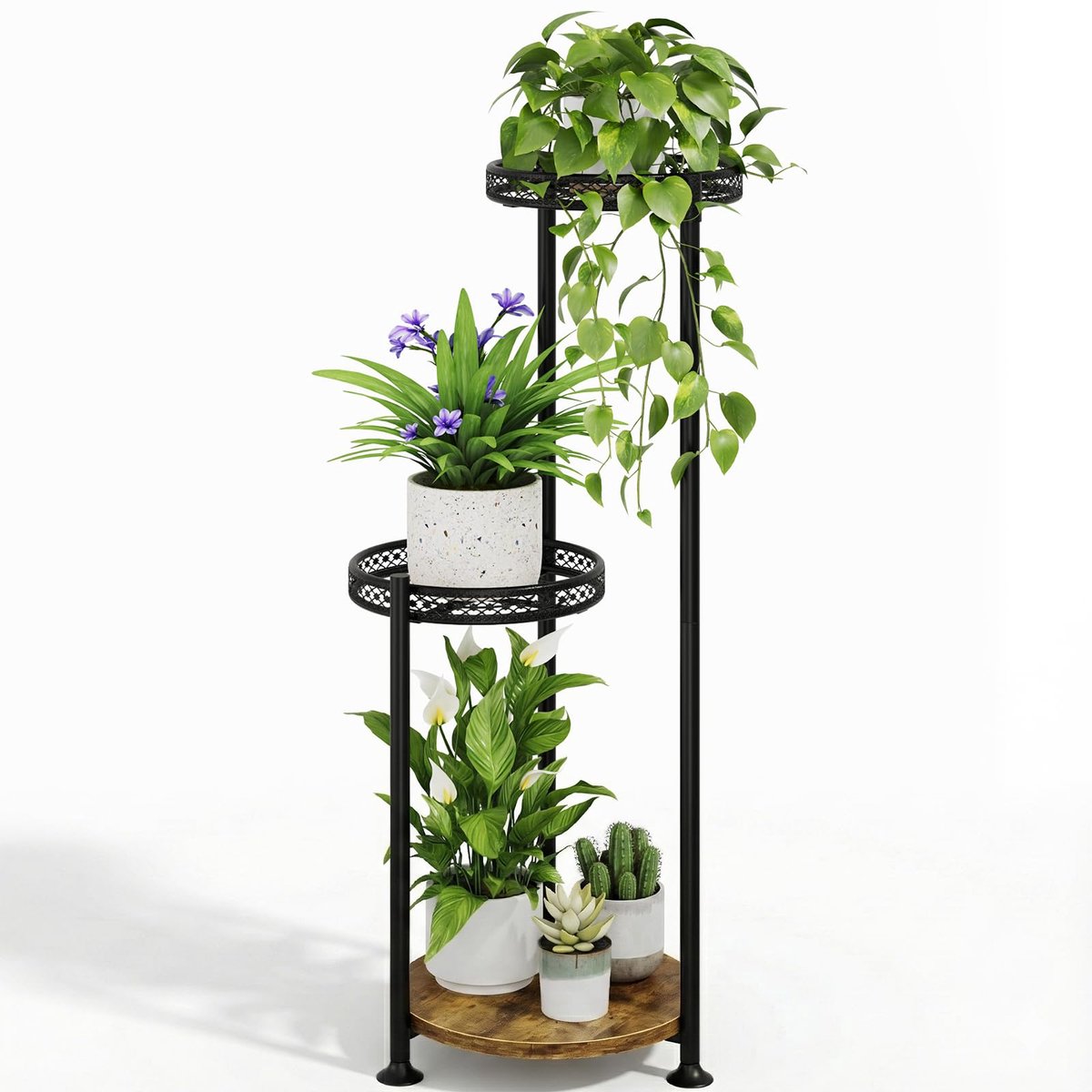 Famanu – Bloemenstandaard van metaal met meerdere verdiepingen, modern plantenrek voor binnen, ruimtebesparende zwarte bloemenkruk als bloementrap, ideaal voor het tonen van bloemen en planten in uw huis