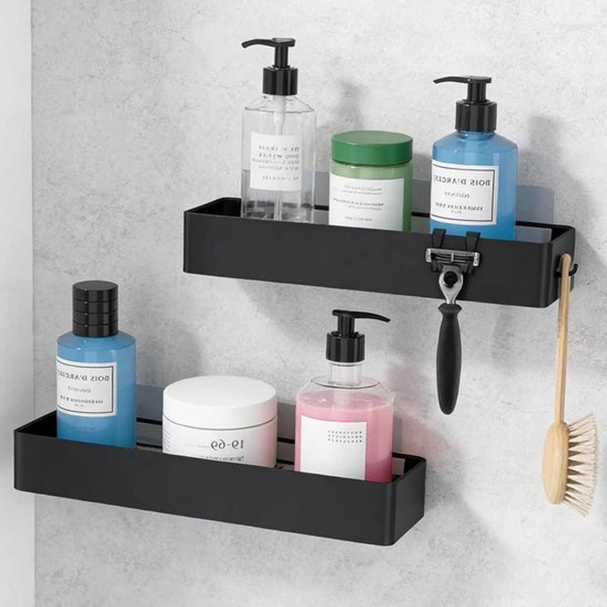 Doucherek zonder boren, 2 stuks, roestvrij badkamerorganizer met haken, ideaal voor shampoo en douchegel opslag