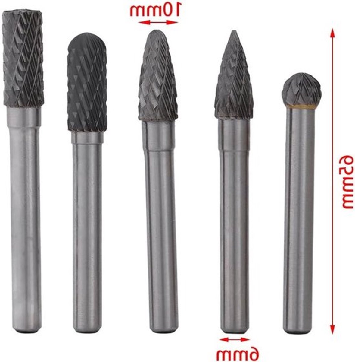 Set van 5 Tungsten Carbide Rotatie Snijgereedschappen met Dubbele Shank voor 6mm en 10mm Boor en Schuurmachine
