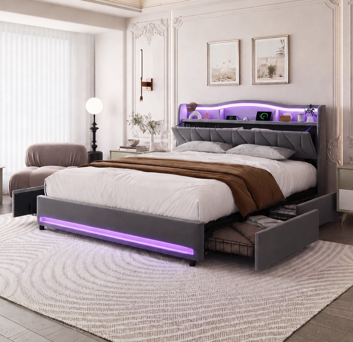 Opbergbed 160x200 cm met opbergruimte, Tweepersoonsbed met ledverlichting, USB-poort en 4 lades, Gestoffeerd bedframe 160x200, fluweel Grijs