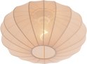 Beige, ovale lampenkap met geribd patroon, verlicht door een peertje.