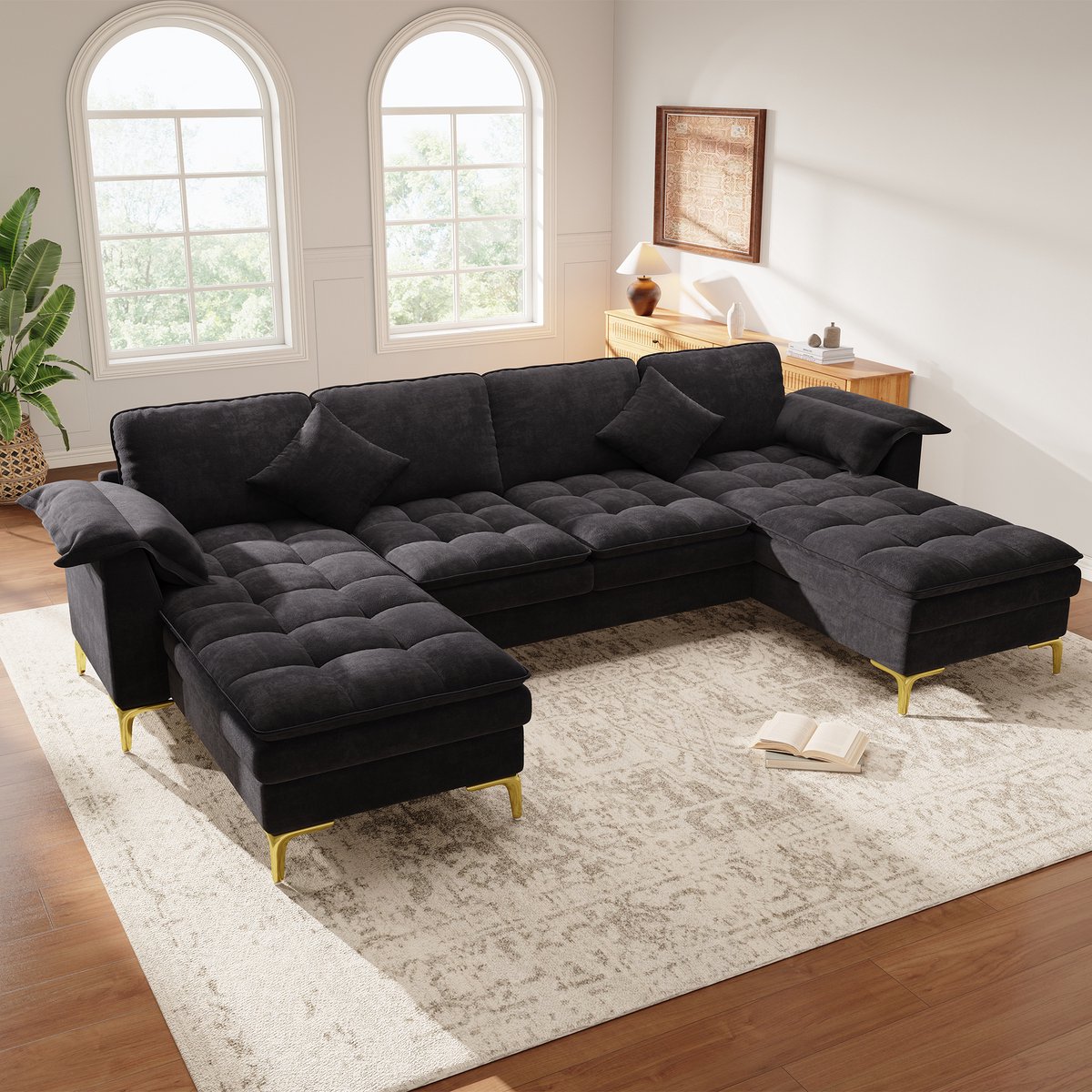 MODFU-U-Bank-Hoekbank-4-Zits-Chenille-Zwart-Metaal