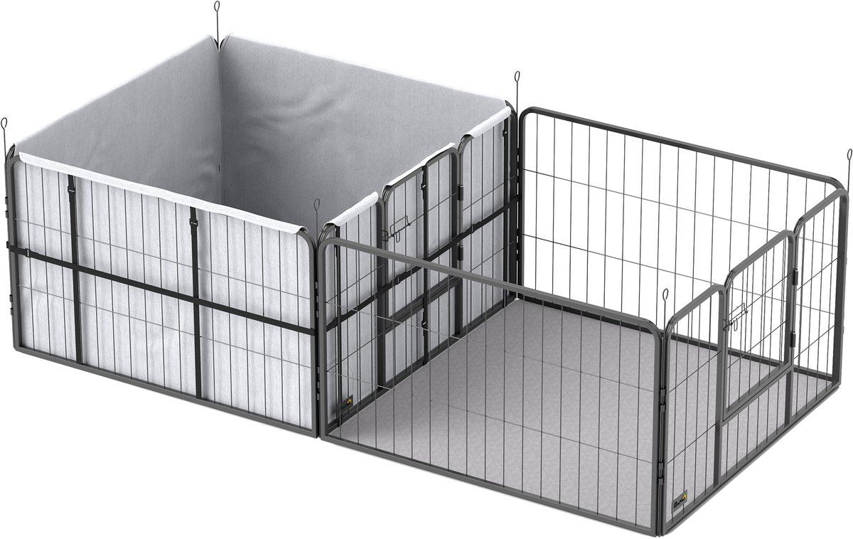 Werpbox voor puppy's, werpkist/puppyren met 7 panelen, 2 vakken, wasbare werpmat, 203 x 102 x 60 cm, zwart