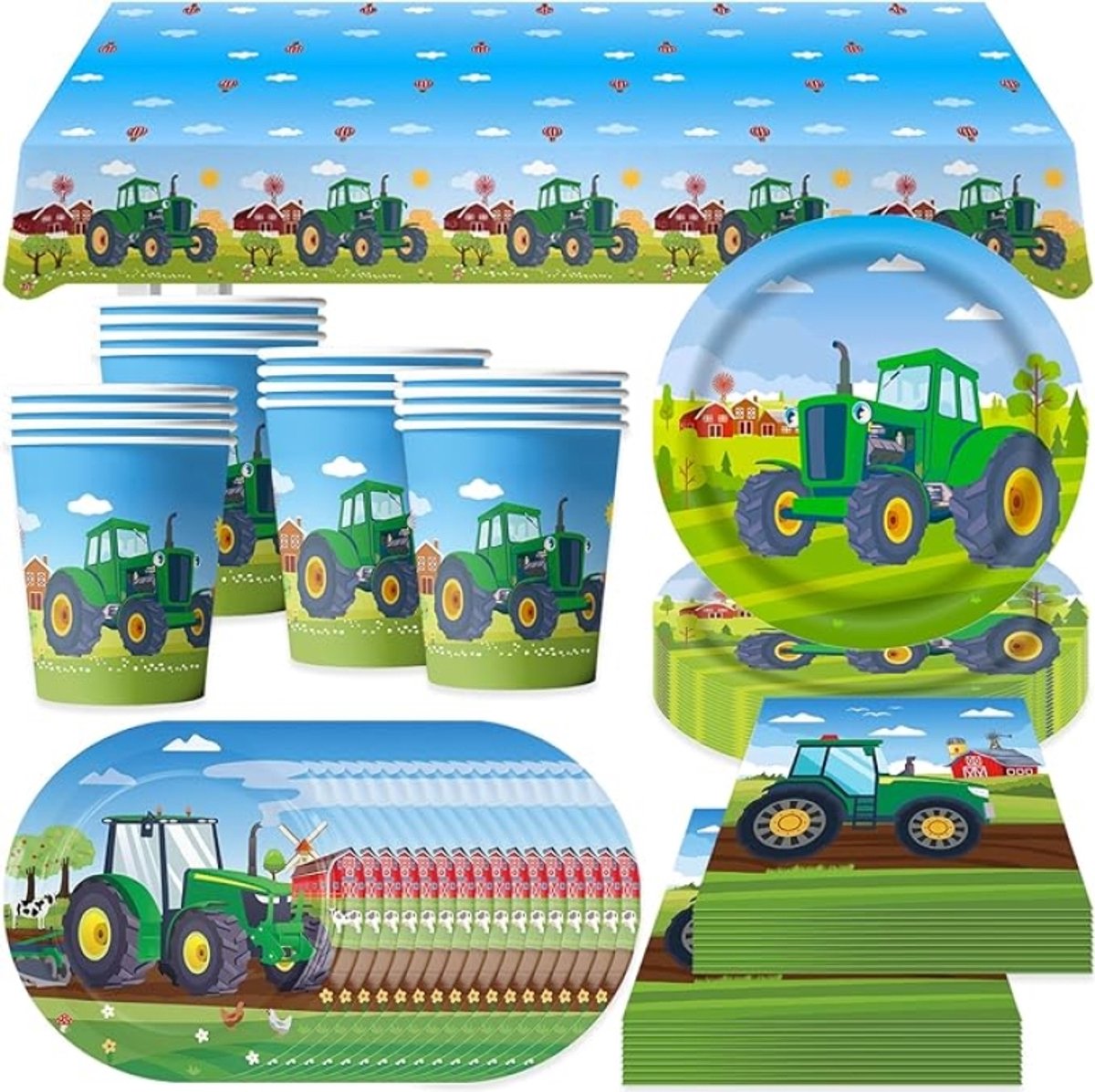 Tractorfeestservies 69-delig – Kindercadeau voor 16 gasten – Wegwerpservies met borden, bekers en servetten – Tractor thema – Voor jongens en meisjes – Inclusief tafelkleed
