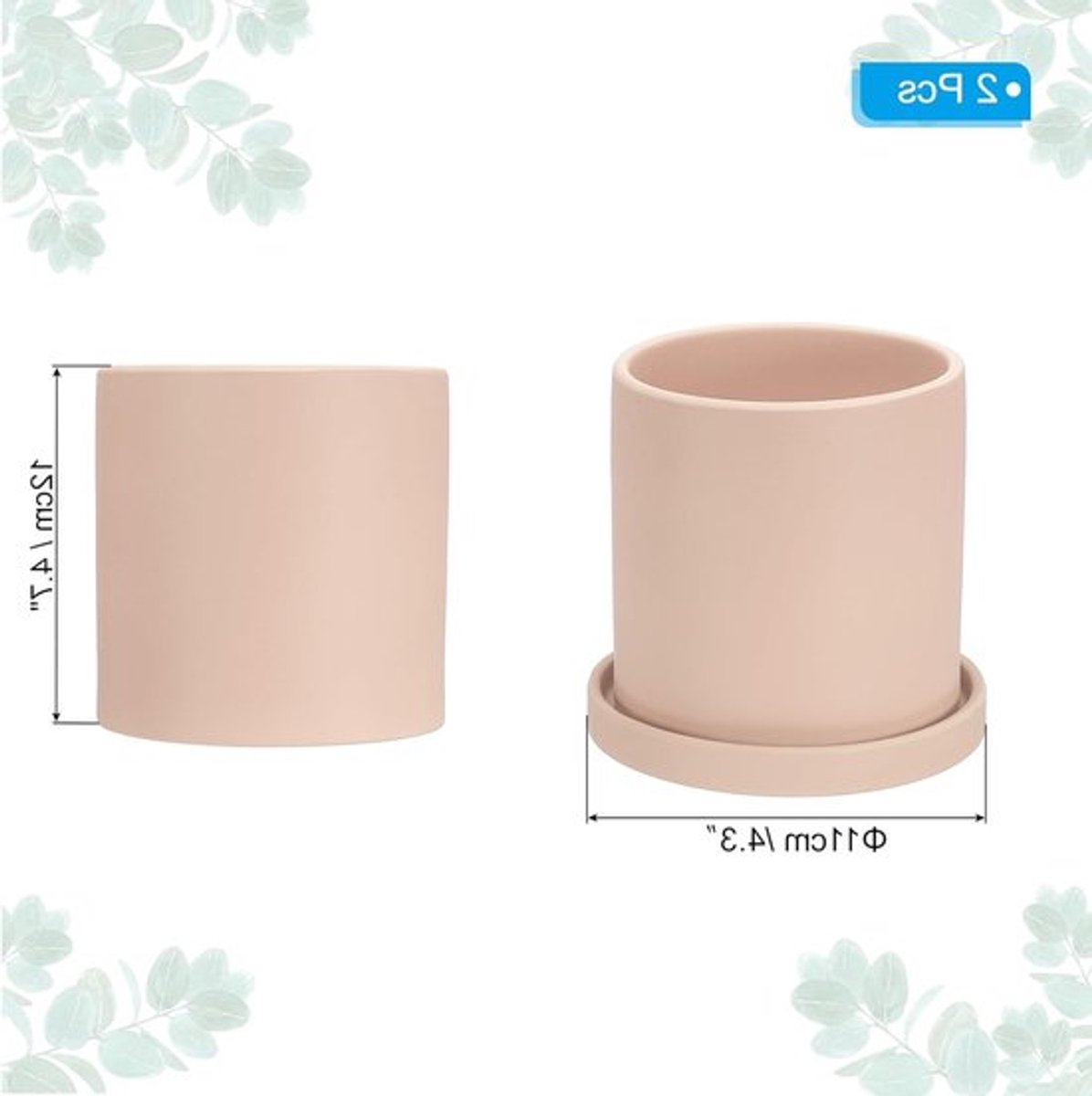 Set van 2 moderne keramische plantenpotten van 4,3 inch met drainagegaten en dienblad voor huiskamerplanten, vetplanten en kruiden in lichtroze kleur
