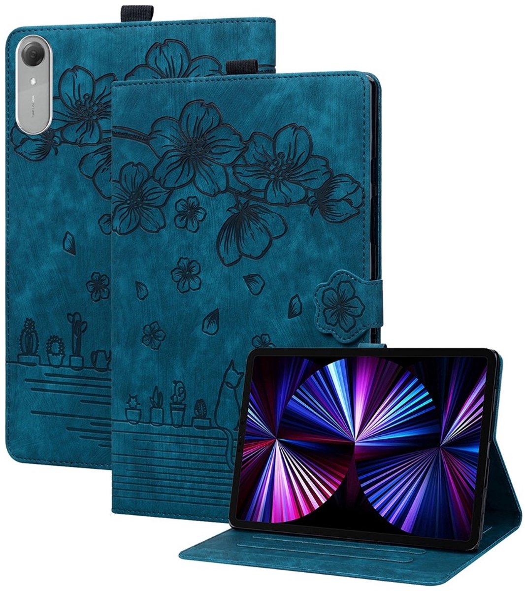 Coverup Tablethoes geschikt voor Lenovo Idea Tab Pro Gen 2 Hoesje - Flowers & Cat Book Case - Blauw