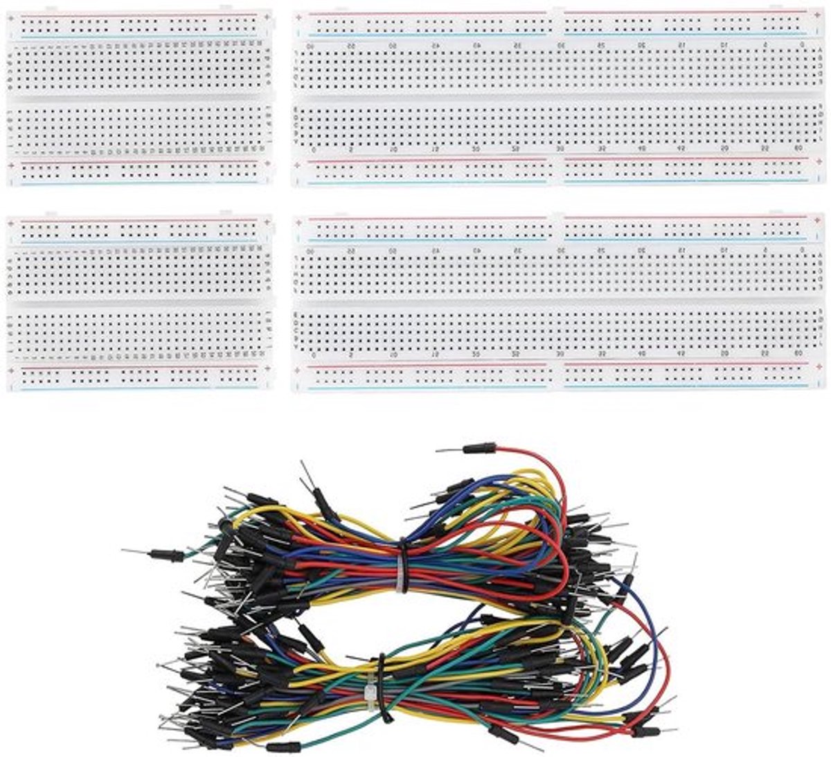 Premium - Breadboard-kit met 134 stuks, soldeervrije breadboard, 2 stuks 830 aansluitpunten & 2 stuks 400 aansluitpunten & 130 stuks Flexibele Jumper Draden