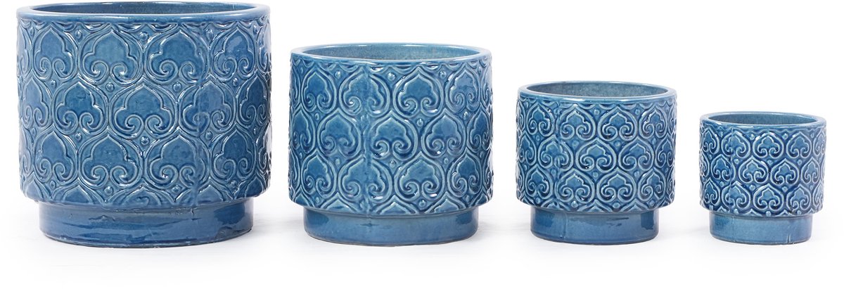 4-delige handgemaakte keramische bloempotten set (Ø 38/31,5/19 cm) – blauw glazuur – met afwateringsgat – voor binnen en buiten