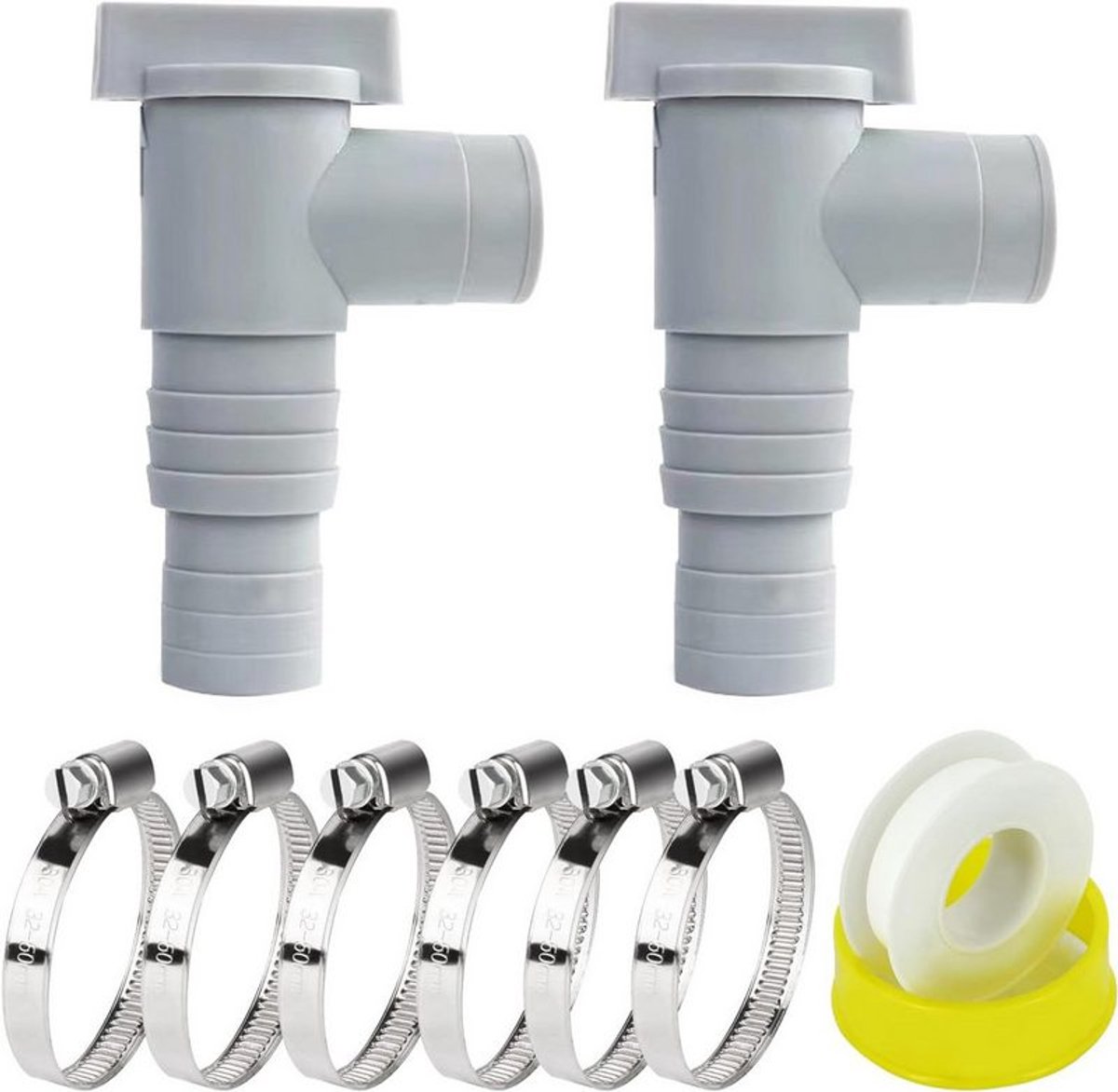 Zwembadslangen (2 stuks), zwembadafsluiter (32/38 mm), slangkoppelingen met klemmen (één set)
