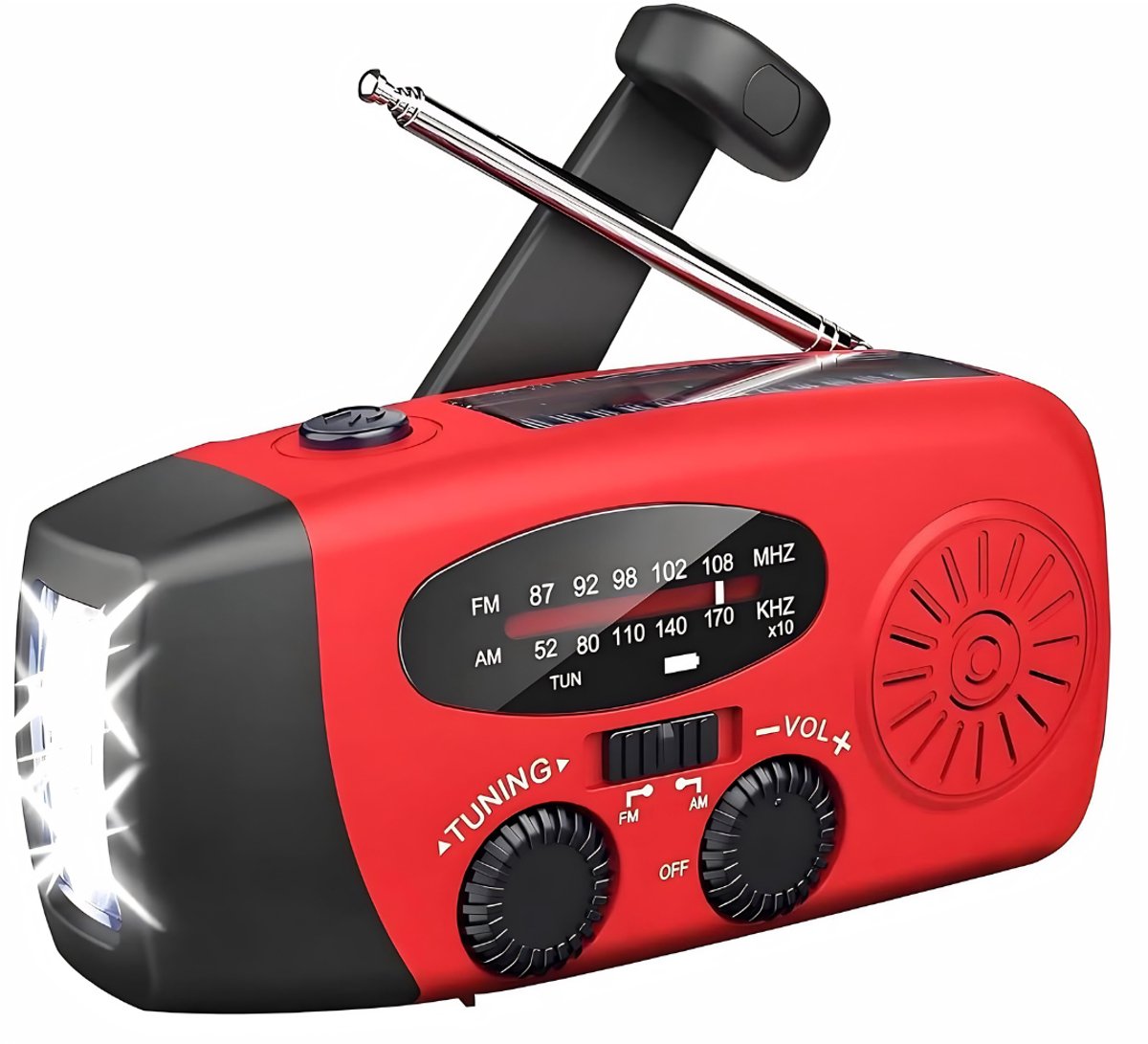 KIRA® Radio - Draagbare Radio met Zaklamp & Powerbank - Noodradio op Batterijen & Zonne-energie - Rood - 13cm x 5cm x 7cm
