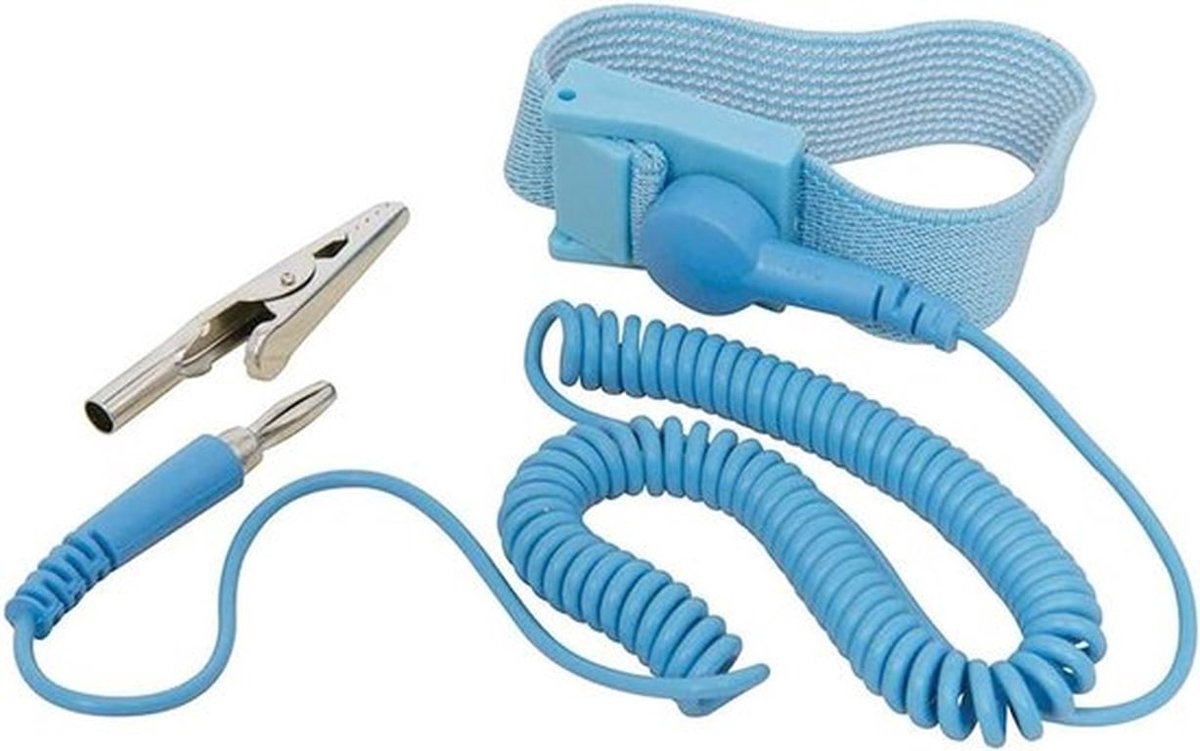 Antistatische armband - ESD-ontlading - polsband - met aardingsdraad en krokodillenklemmen - voorkom statische elektriciteit - geschikt voor alle maten - blauw.