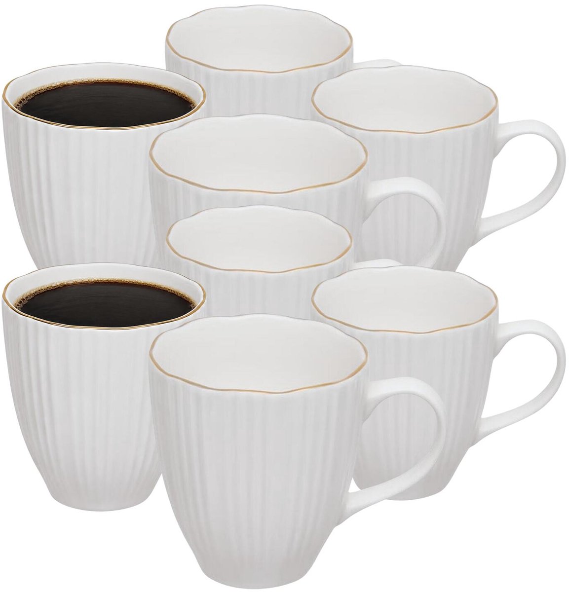Secret de Gourmet koffie kopjes - Soho - 8x stuks - wit/goud - 360 ml - mokken - porselein - met stijlvol decoratie motief