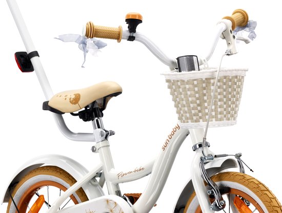 Flower Bike Fiets voor een meisje van 4 tot 6 jaar, 14 inch Wit Beig, met fietsbel, zijwieltjes, duwstang en stuurmandje van Popal — afbeelding 2