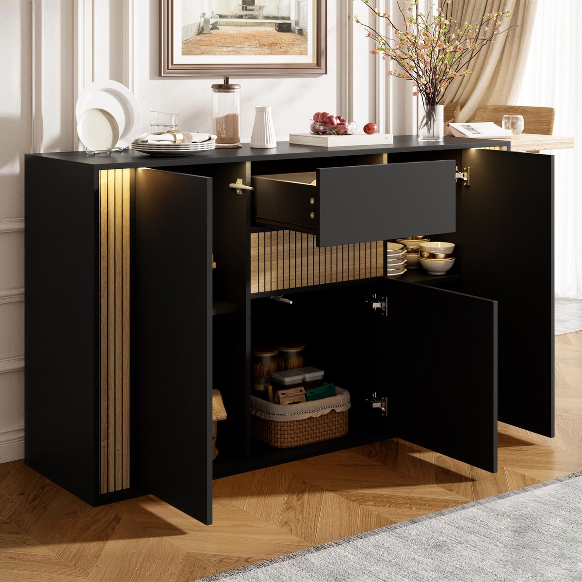 MIVRAY Dressoir Met 3 Deuren En 1 Lade, Verstelbare Ledverlichting, Zwart Met Natuur Houtlook, 140 X 40 X 82 Cm Voor Woonkamer En Hal