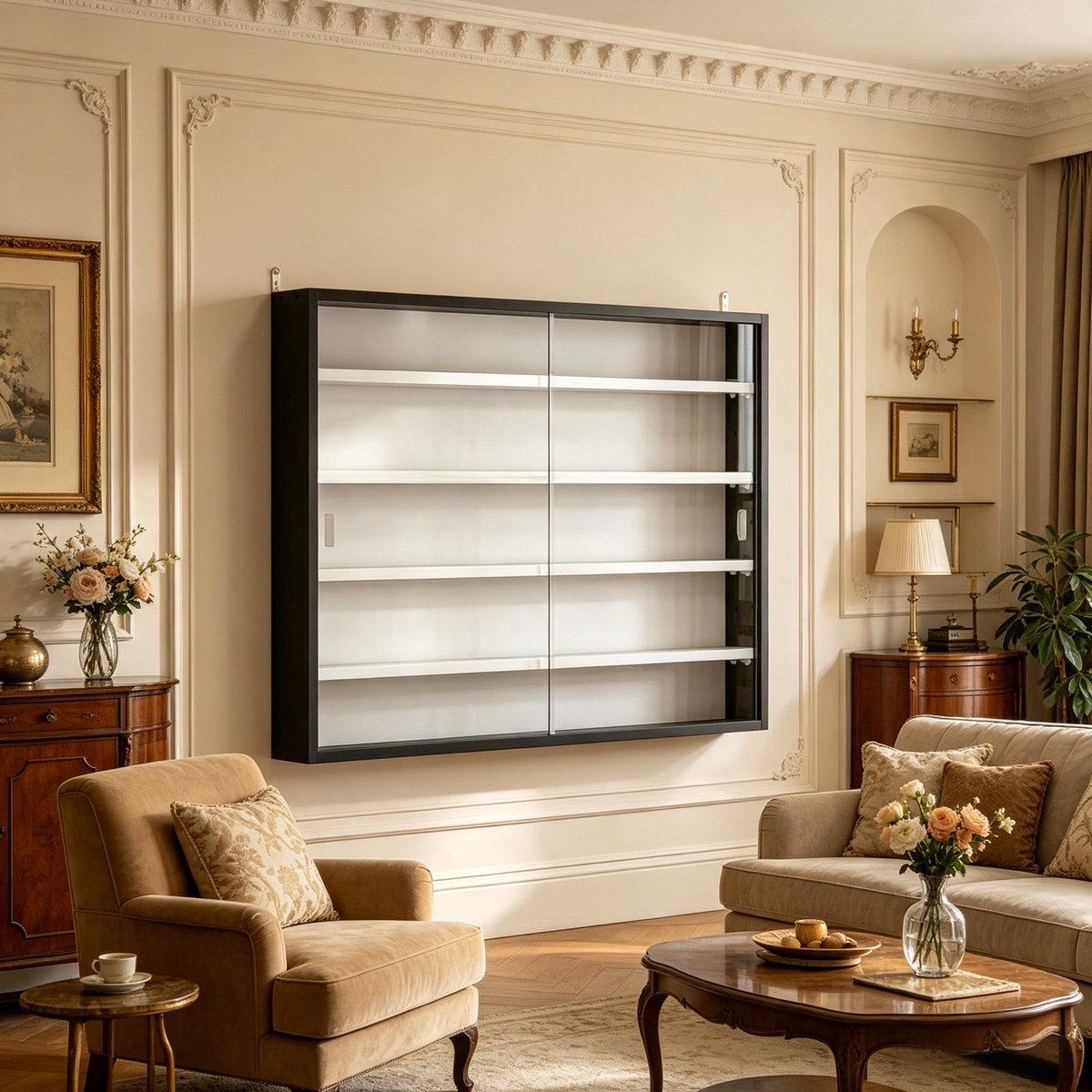 MIVRAY Vitrinekast Wandmontage Met 4 Verstelbare Planken 80 X 9,5 X 60 Cm Glas Zwart Voor Collecties En Decoratie
