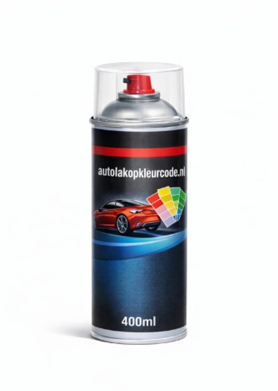 Spuitbus autolak met "autolakoplossing.nl" logo, afbeelding van rode auto en kleurenpalet. 400 ml.