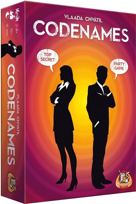 Doos van Codenames met silhouetten van een man en vrouw, met tekst 'Top Secret' en 'Party Game'.