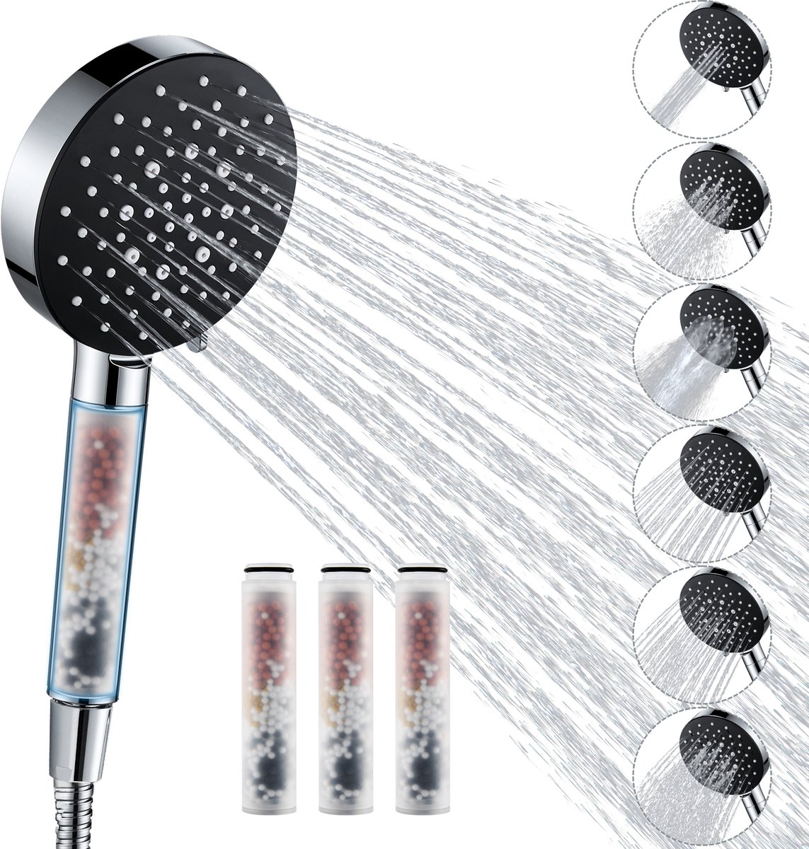 Auralum Max Douchekop met Filter - Douchekop Regendouche - 6 Sproeistanden - inclusief 4 Filters - Waterbesparende - Luxe Handdouche - Antibacterieel - Huid- en Haarvriendelijk - Doucheset - Chroom&Zwart