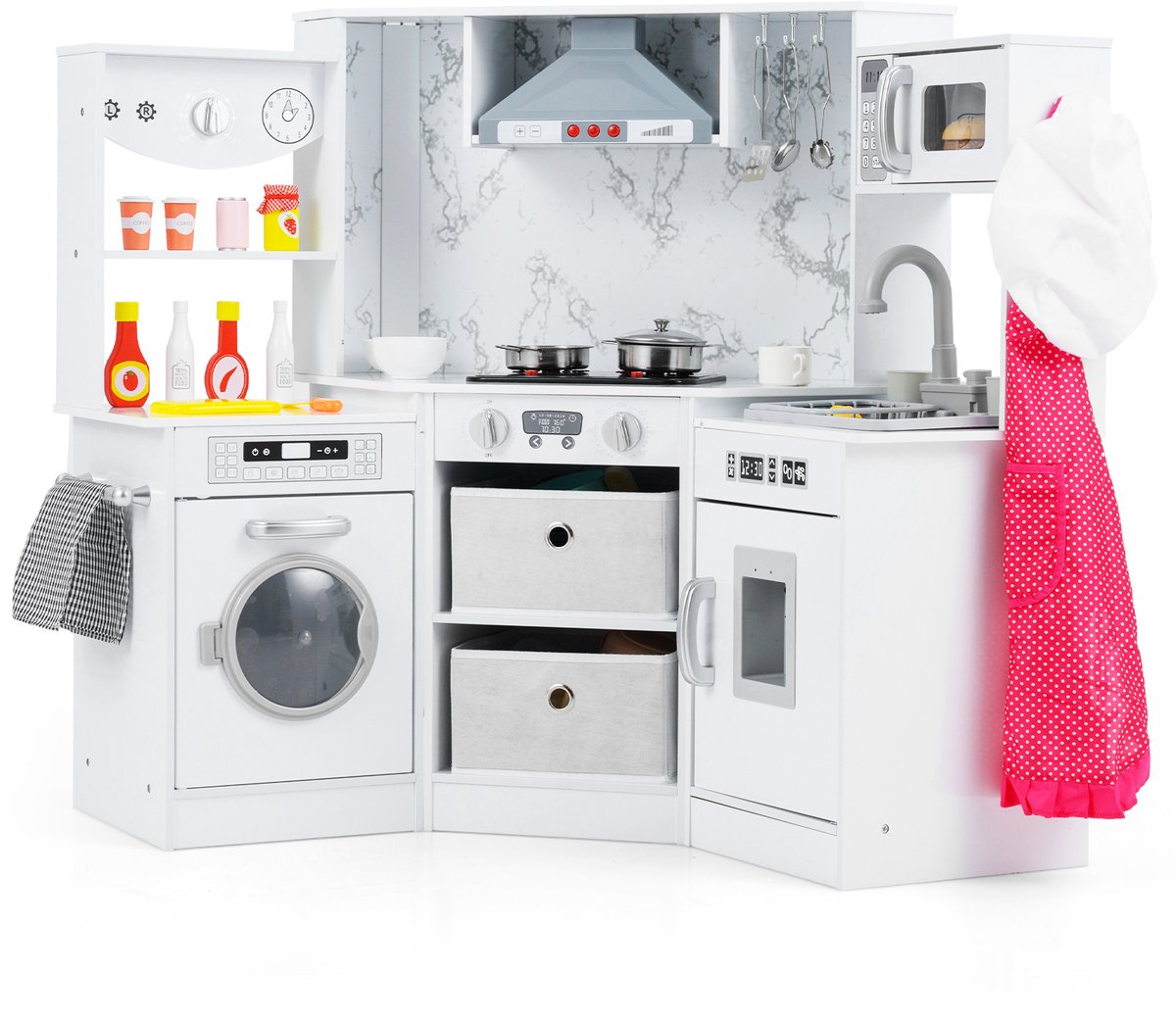 COSTWAY Houten Kinderkeuken Hoek – Speelkeuken Met Licht En Geluid, Afzuigkap, Watercirculatiesysteem, Waterdispenser En Wasmachine, Inclusief Accessoires, Voor Kinderen Vanaf 3 Jaar, Wit