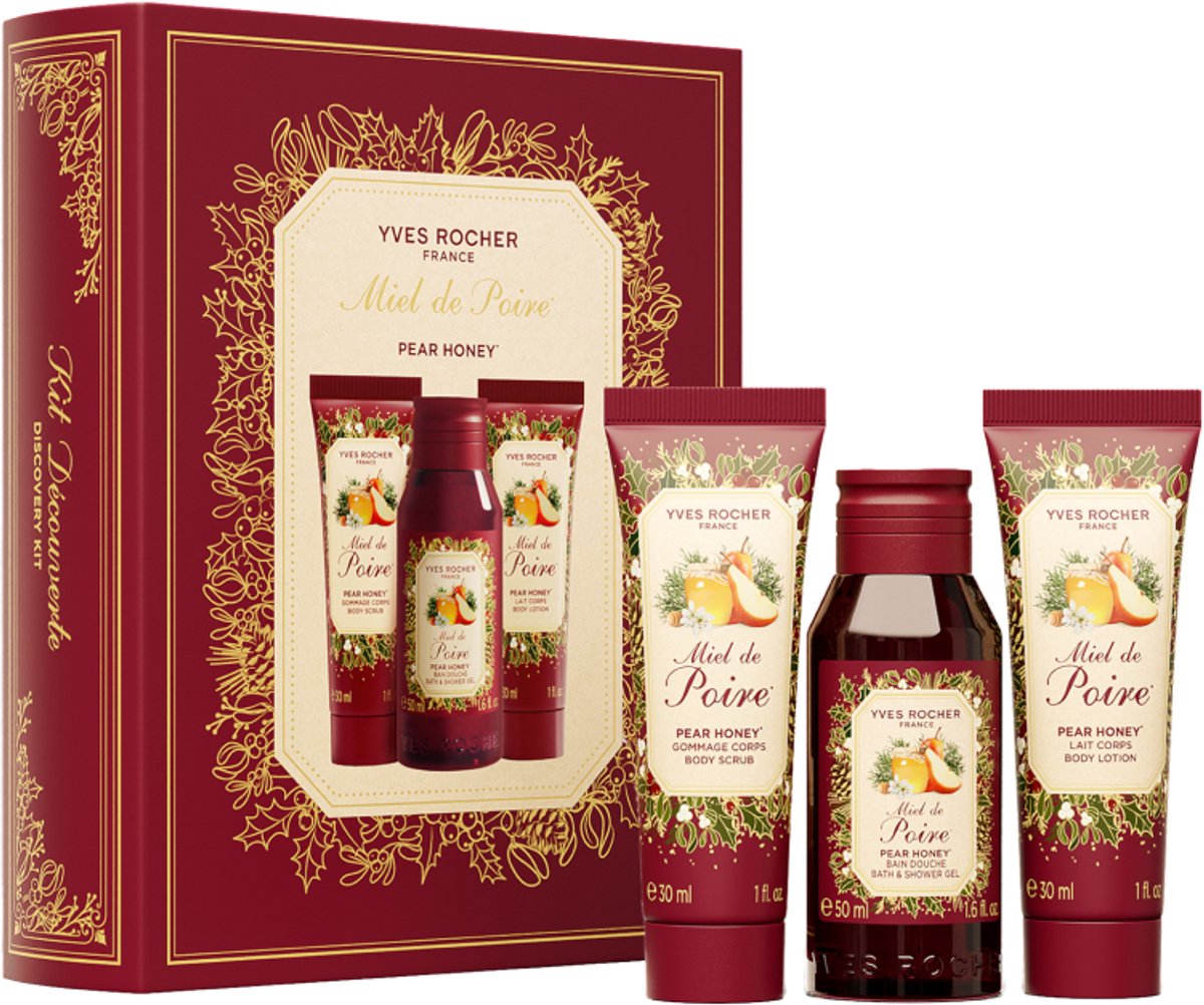 Yves Rocher - XMAS Limited Edition - Verzorgingsset 3-delig - Perenhoning - Kerstcadeauset - Douchegel 50ml, Scrub 30ml & Bodymilk 30ml