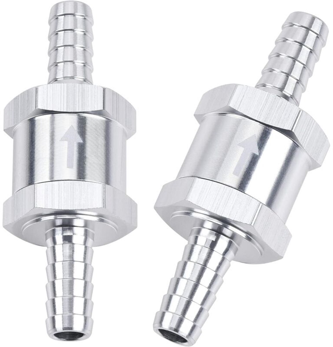 Een set van twee terugslagkleppen van 1/4" (6 mm), geschikt voor brandstof-, olie-, benzine- en dieselleidingen, zilverkleurig aluminium.