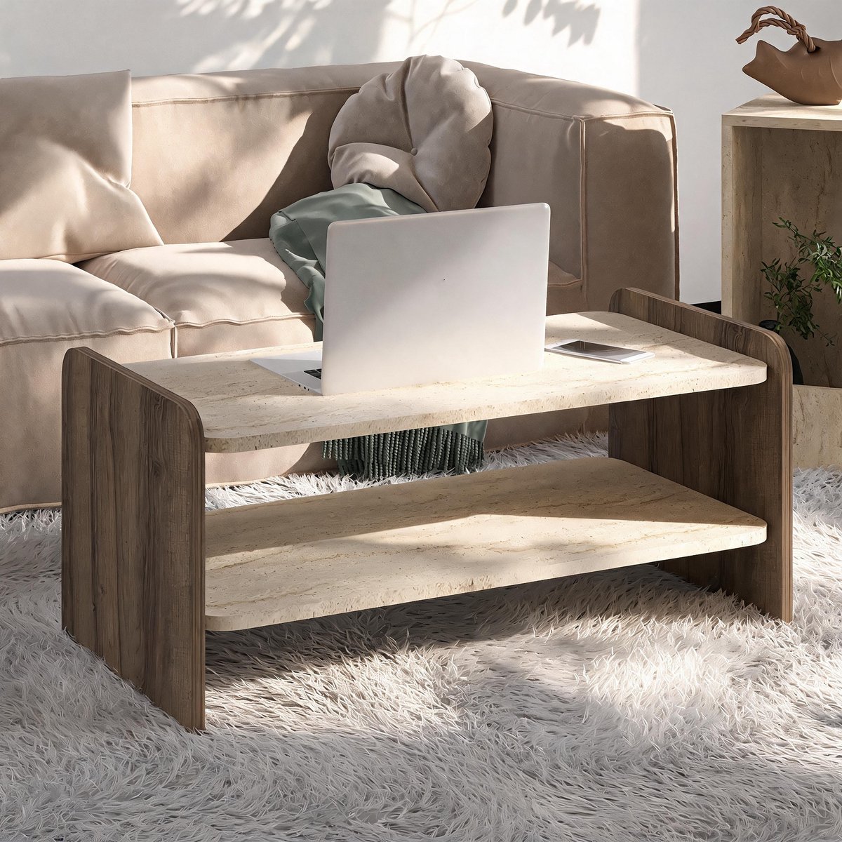 Asir - Salontafel - Travertijn en Antiek Walnoot - 89,8 x 44,8 x 39,8 cm