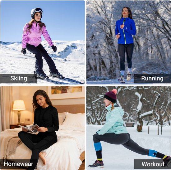 Collage toont een vrouw skiën, joggen in de winter, ontspannen in loungewear en stretchen tijdens een workout, allemaal in MEETYOO thermisch ondergoed.