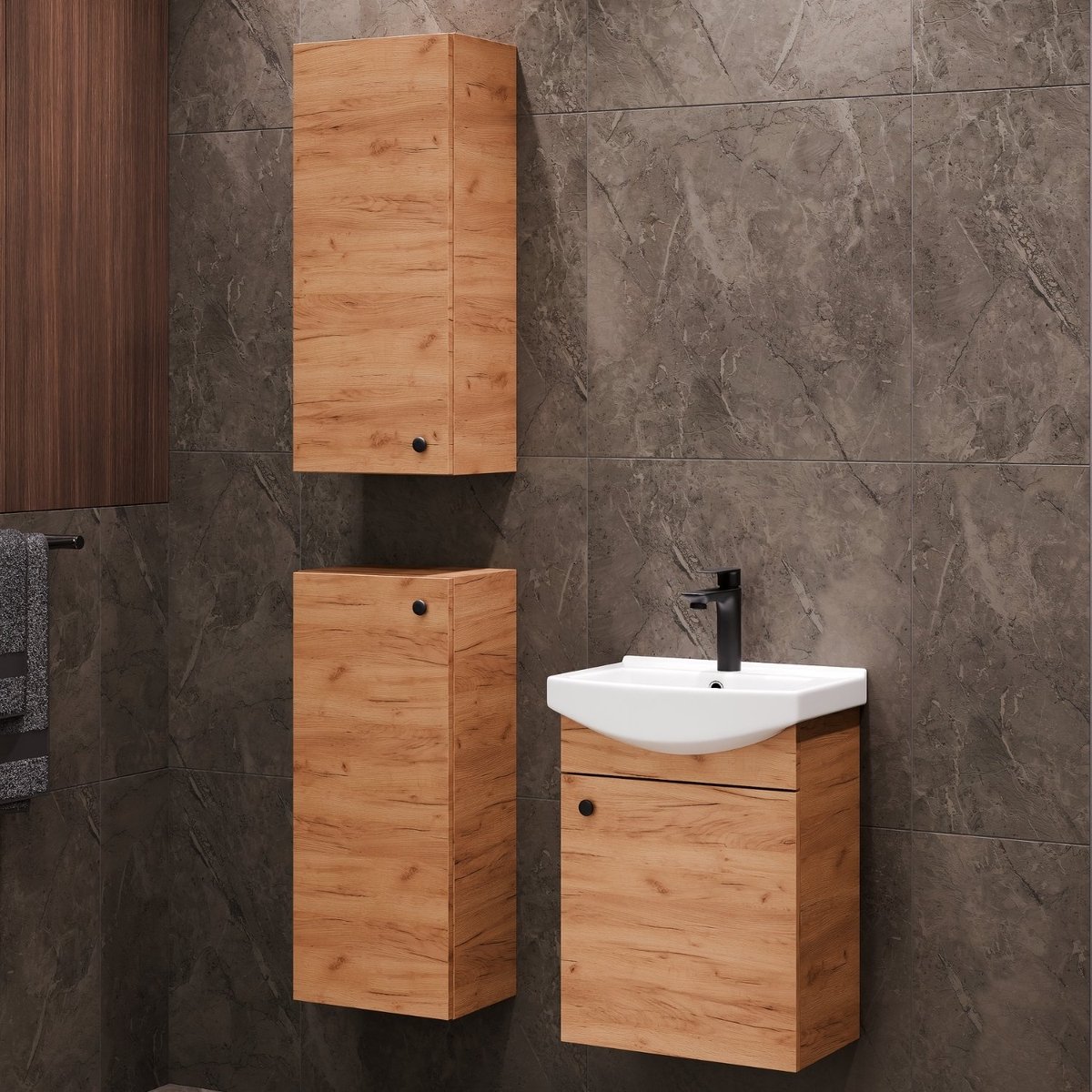 Planetmöbel Badkamermeubel Set 45 cm – Goud Eiken – Keramische Wastafel met 2 Midikasten 32 cm – Soft-Close – Ruimtebesparend