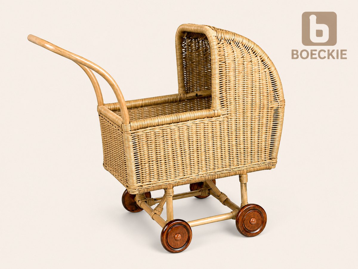 BOECKIE Poppenwagen – Retro Rieten Poppenwagen van Rotan & Hout – Lichtbruin – 70 x 34 x 67 cm
