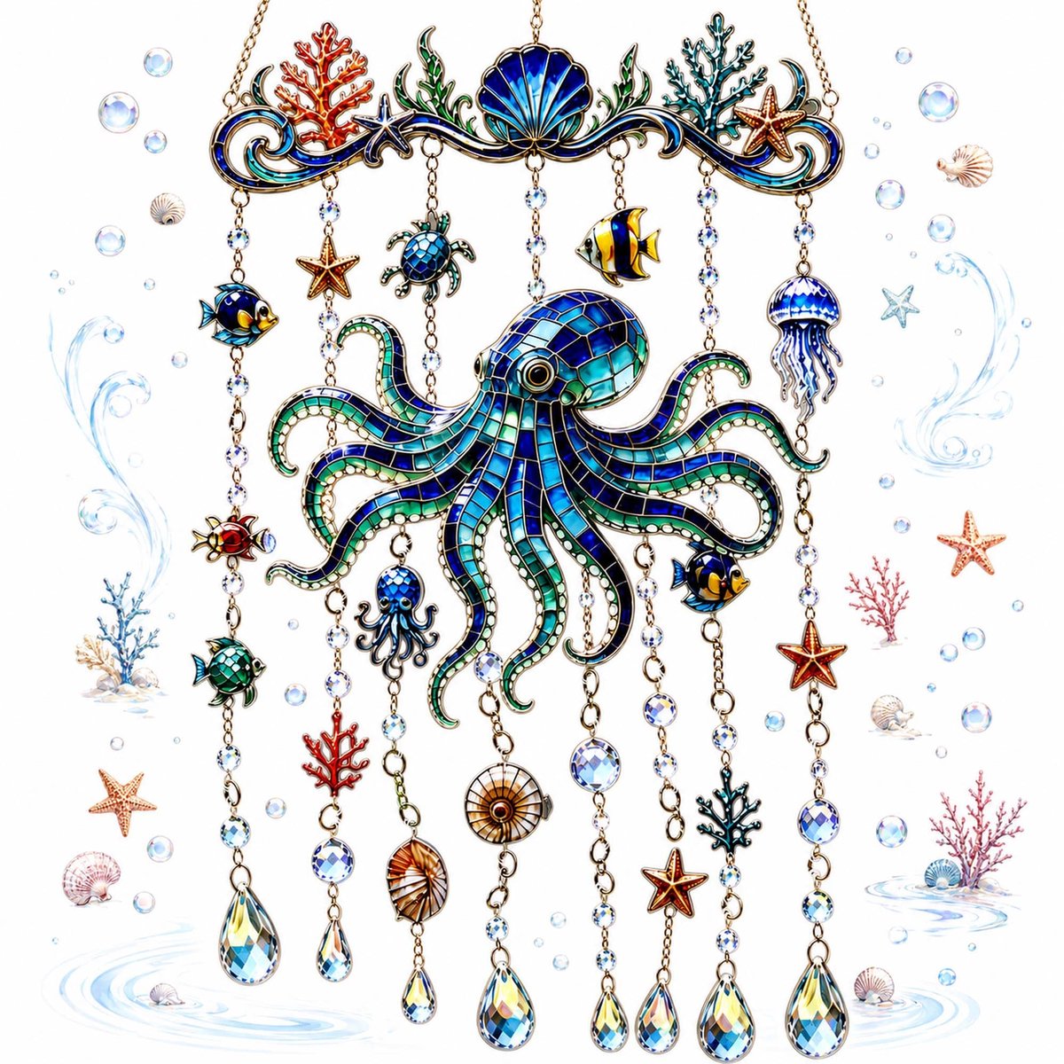 Casalora® Octopus Windgong met Kristallen – Oceaan-Thema Tuindecoratie – Windgong voor Buiten – Hangdecoratie voor Tuin, Terras, Balkon, Veranda, Raam en Woonkamer