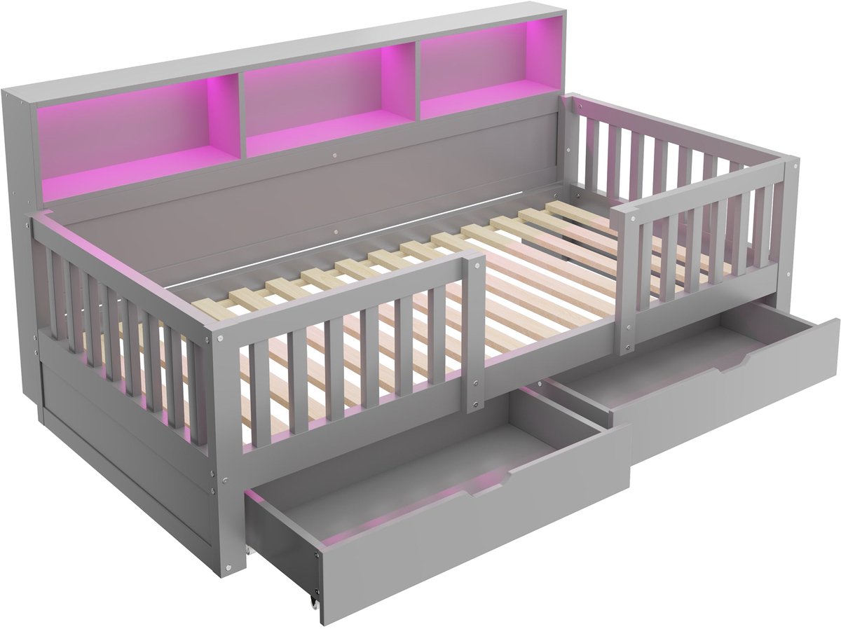 Merax Kinderbed 90x200 cm - Bed Met Opbergruimte - 2 Laden - Opbergvakken - Veiligheidshek - LED Verlichting - Houten Lattenbodem - Grijs