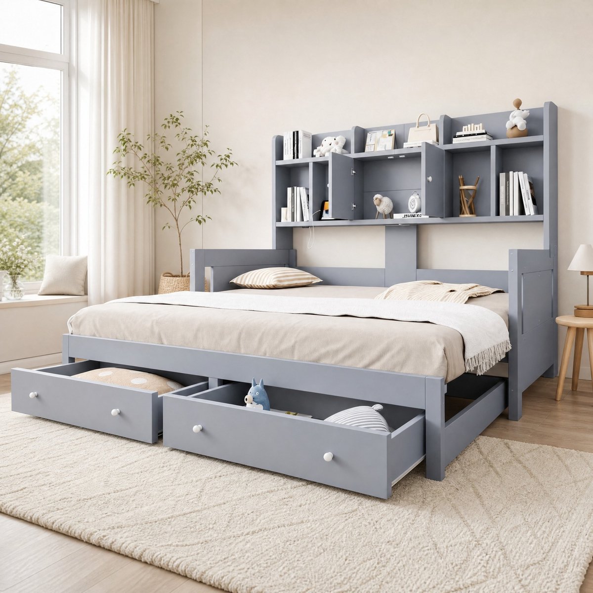 DESMIU Slaapbank 90x190cm - Uitklapbaar Met Opbergruimte, Lades, Stopcontact En Ledverlichting - Voor Gastenkamer En Appartement - Hout En Mdf - Grijs - Zonder Matras